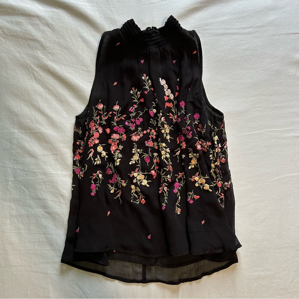 Anthropologie Black Chiffon Floral Embroidered high neck sleeveless blouse XSP